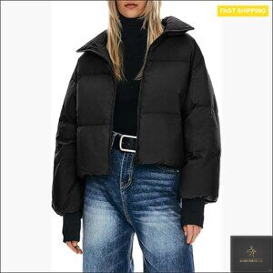 Oversized Cropped Puffer Jacket Winter Down Coat Baggy Stand Collar Zip Up